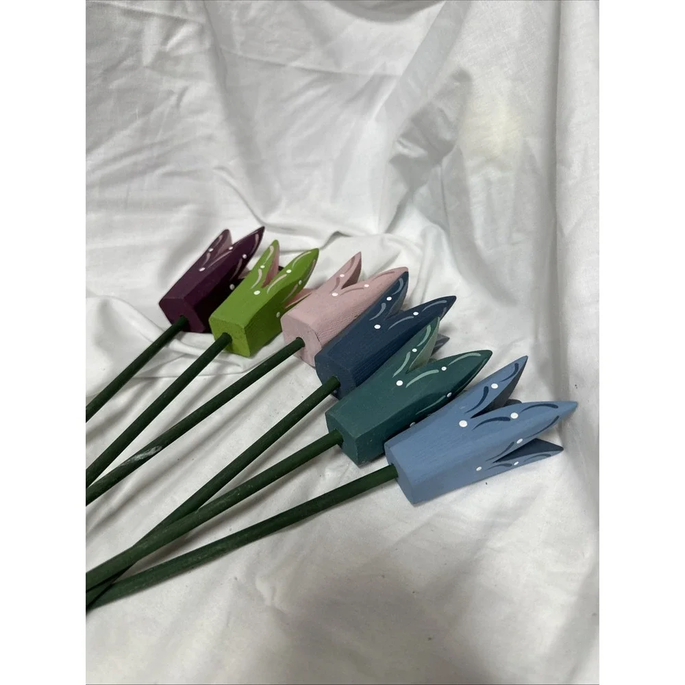 Short Handmade Wooden‎ Tulips Set Of 6 Perfect For Indoor, Covered Patio Flowers